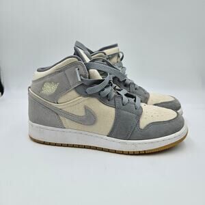 Nike Air Jordan 1 Mid Youth 5.5Y Suede Canvas Preppy Streetwear Gray Cream